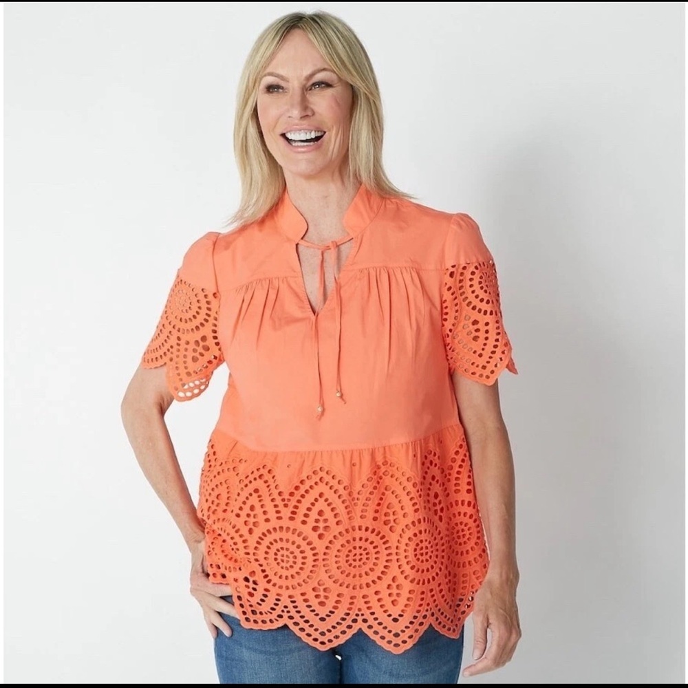 H by Halston Short Sleeve Mix Media Eyelet Cotton Blouse Top Size M‎